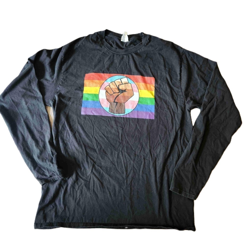 Port Company Black Rainbow Flag Fist Long Sleeve Shirt Large